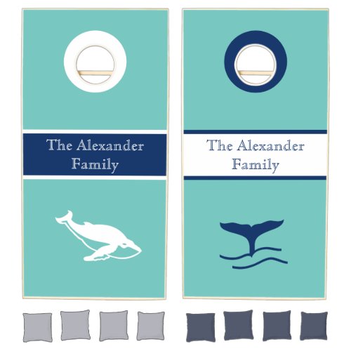 Aqua Teal White and Navy Blue Whales w names corn Cornhole Set