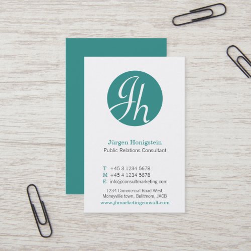 Aqua teal white circle initial modern business card