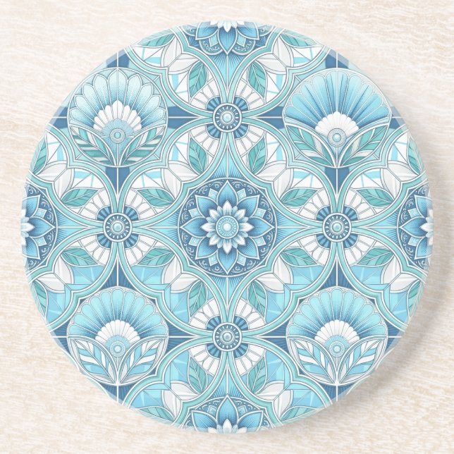 Aqua, Teals, Blues & White Art Deco Coastal Coaster (Front)