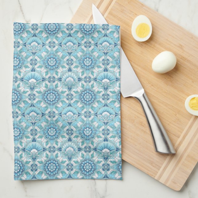 Aqua, Teals, Blues & White Art Deco Coastal  Kitchen Towel (Quarter Fold)