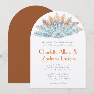 Aqua Terracotta Coral Vintage Feather Fan Wedding  Invitation