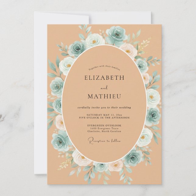 Aqua Terracotta Ranunculus Eucalyptus Wedding Invitation (Front)