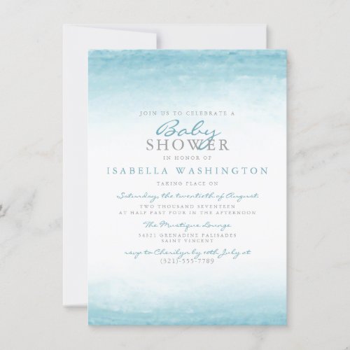 Aqua Tides | Watercolor Baby Shower Invitation - Aqua Tides | Watercolor Baby Shower by Eugene Designs. 

The perfect choice for a destination, beach or water themed contemporary Baby Shower celebration, our Aqua Tides Watercolor Baby Shower invitations have an elegant modern simplicity. The delicate, pastel blue curves frame classic, double-spaced block lettering and cursive calligraphic font.