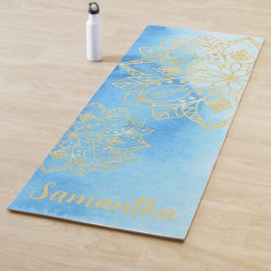 Aqua Tie Dye and Gold Mandala Flowers Custom Name Yoga Mat