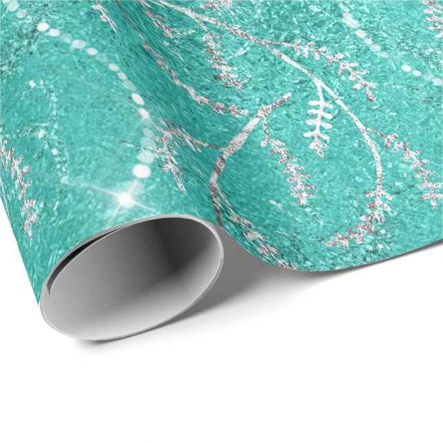 Aqua Tiffany Mint Laurel Floral Silver Diamonds Wrapping Paper (Roll Corner)