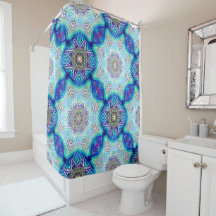 Aqua to royal blue kaleidoscope eight points star shower curtain