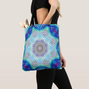 Aqua to royal blue kaleidoscope eight points star  tote bag