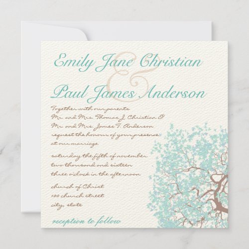 Aqua Tree Brown Trunk Wedding Invites