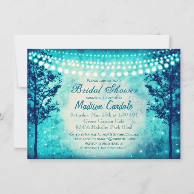 Aqua Tree String Lights Bridal Shower Invites (Front)