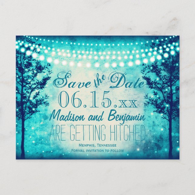 Aqua Trees String Lights Save the Date Postcards (Front)