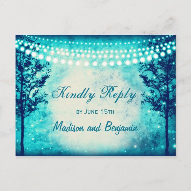 Aqua Trees String Lights Wedding RSVP POSTCARDS (Front)