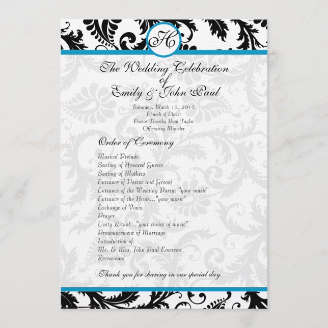 Aqua Trim Black Damask  Wedding Program (Front)