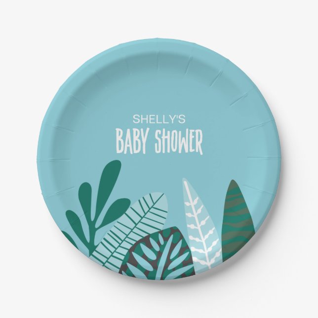Aqua Tropical Baby Shower Paper Plates (Front)