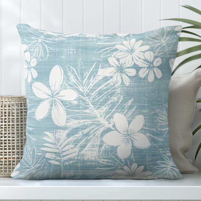 Aqua Tropical Flowers Throw Pillow (Creator Uploaded)