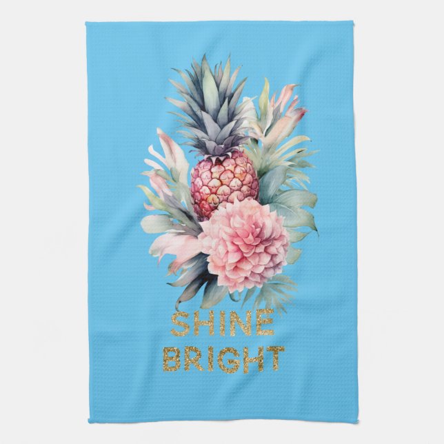 Aqua Tropical Gold Glitter Shine Pineapple Kitchen Towel (Vertical)
