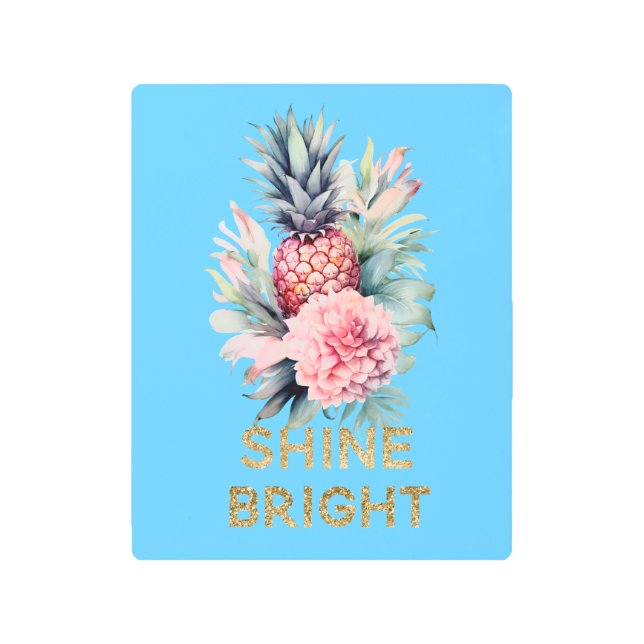 Aqua Tropical Gold Glitter Shine Pineapple Metal Print (Front)