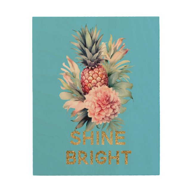 Aqua Tropical Gold Glitter Shine Pineapple Wood Wall Art (Front)