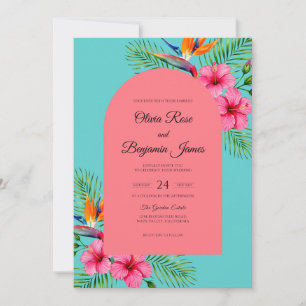 Aqua Tropical Hibiscus Eucalyptus Wedding Invitation
