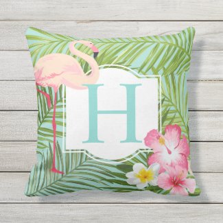 Aqua Tropical Monogram | Pink Flamingo and Flowers Outdoor Pillow