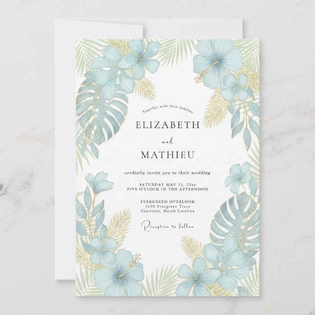Aqua Tropical Palm Eucalyptus Wedding Invitation (Front)