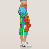 Aqua Tropical with Yellow and Orange Flowers Capri Leggings Aqua Tropical with Yellow and Orange Flowers Capri Leggings