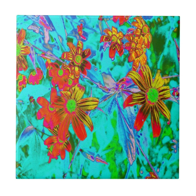 Aqua Tropical with Yellow and Orange Flowers Ceramic Tile (Front)