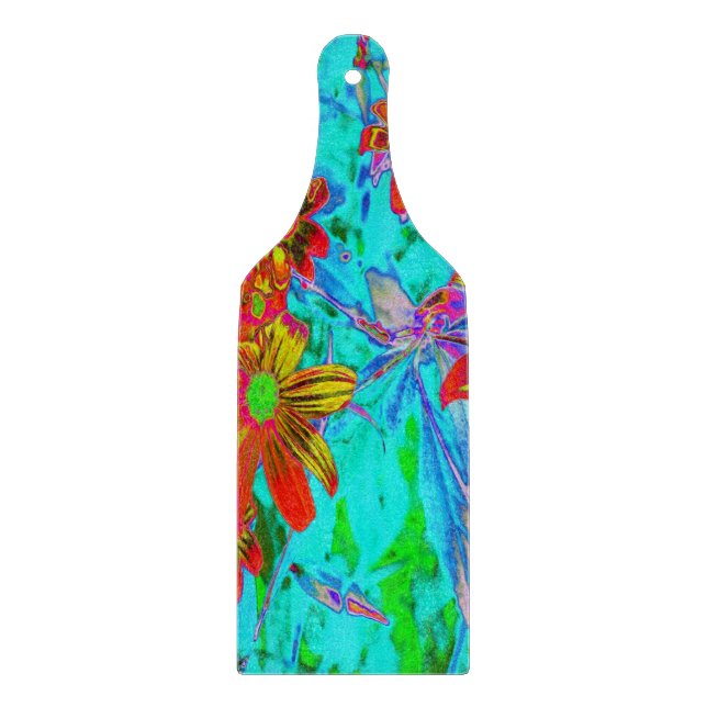 Aqua Tropical with Yellow and Orange Flowers Cutting Board (Front)