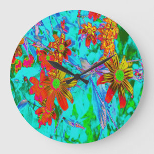 Aqua Tropical with Yellow and Orange Flowers Large Clock