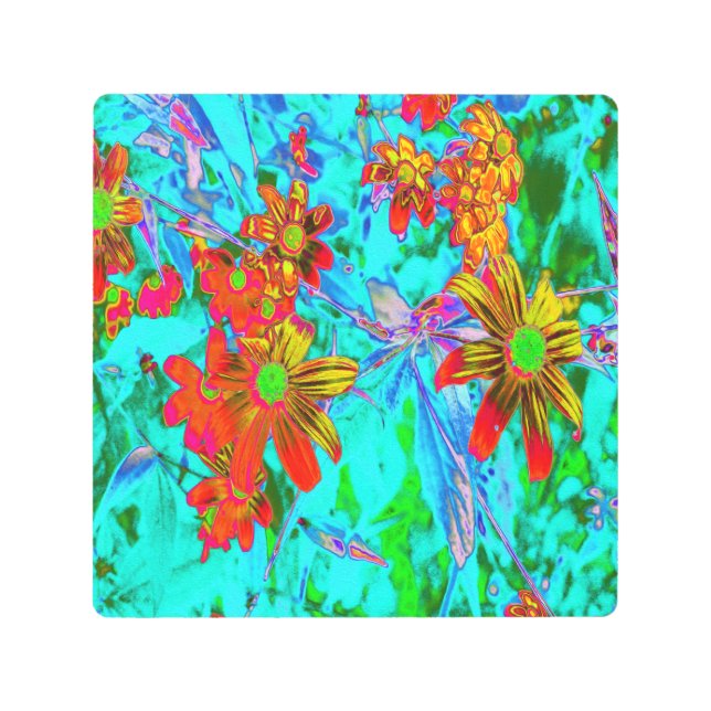 Aqua Tropical with Yellow and Orange Flowers Metal Print (Front)