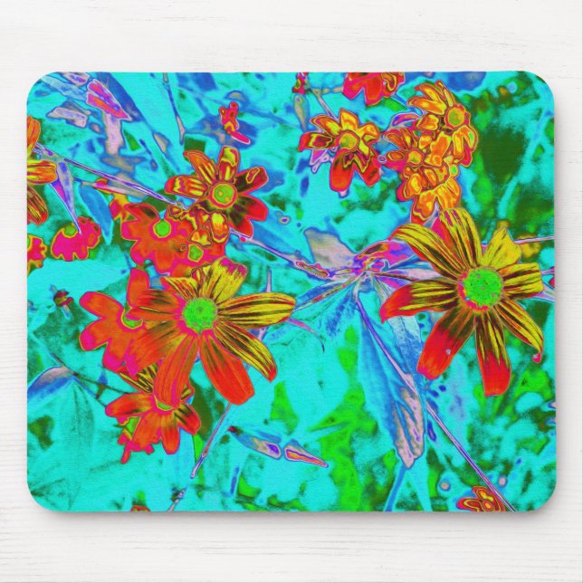 Aqua Tropical with Yellow and Orange Flowers Mouse Pad (Front)