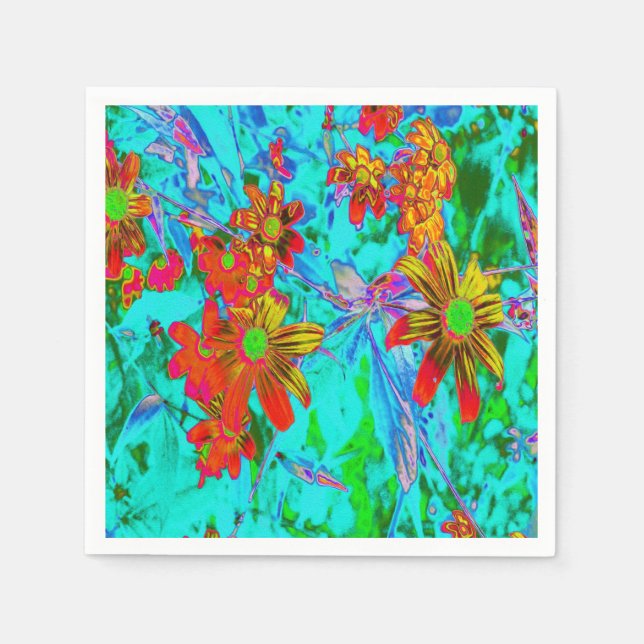 Aqua Tropical with Yellow and Orange Flowers Napkins (Front)