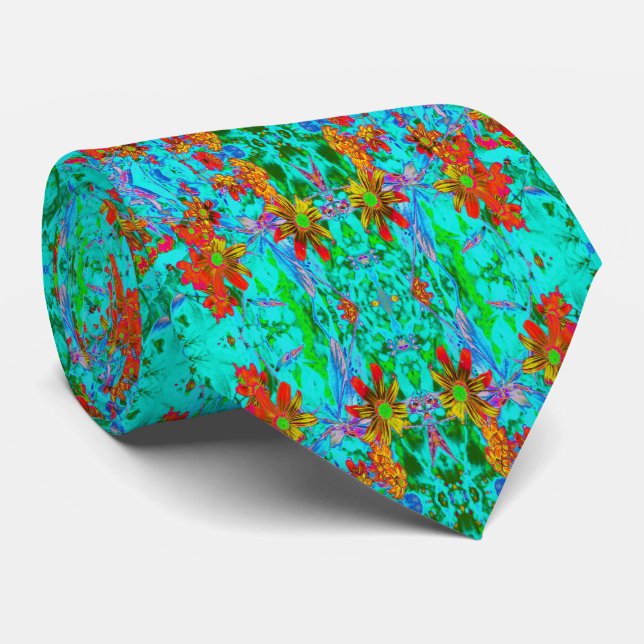 Aqua Tropical with Yellow and Orange Flowers Neck Tie (Rolled)
