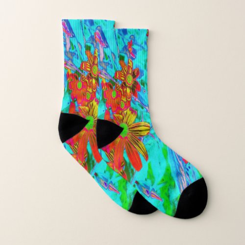 Aqua Tropical with Yellow and Orange Flowers Socks