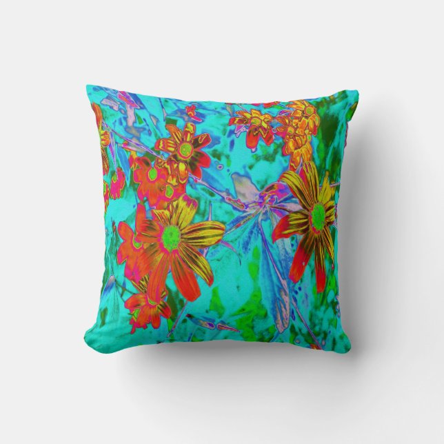 Aqua Tropical with Yellow and Orange Flowers Throw Pillow (Front)