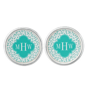Aqua / Turq White Stars Teal Quatrefoil 3 Monogram Cufflinks