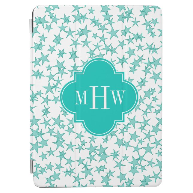 Aqua / Turq White Stars Teal Quatrefoil 3 Monogram iPad Air Cover (Front)