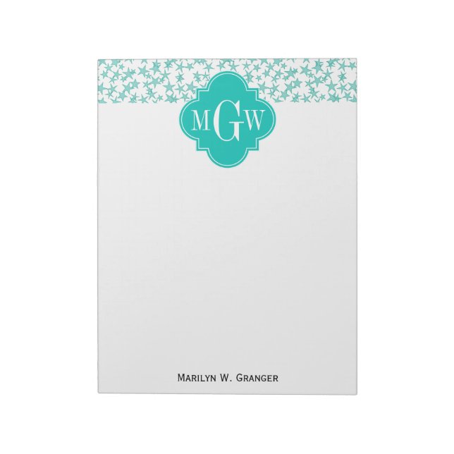 Aqua / Turq White Stars Teal Quatrefoil 3 Monogram Notepad (Rotated)
