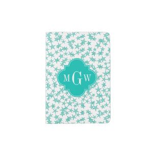 Aqua / Turq White Stars Teal Quatrefoil 3 Monogram Passport Holder