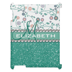 Aqua Turqoise Monogram Flower Glitter Pattern Cover For The iPad 2 3 4