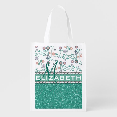 Aqua Turqoise Monogram Flower Glitter Pattern Grocery Bag