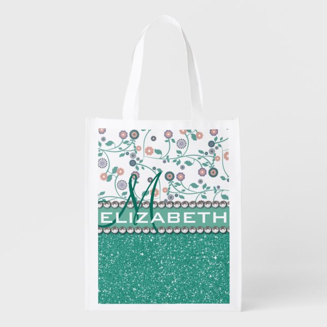 Aqua Turqoise Monogram Flower Glitter Pattern Grocery Bag (Front)