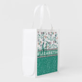 Aqua Turqoise Monogram Flower Glitter Pattern Grocery Bag (Front Side)