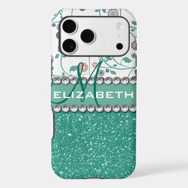 Aqua Turqoise Monogram Flower Glitter Pattern Iphone Case (Back)