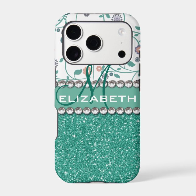 Aqua Turqoise Monogram Flower Glitter Pattern Iphone Case (Back)