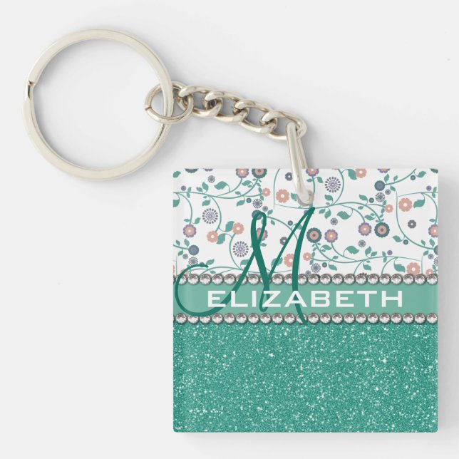 Aqua Turqoise Monogram Flower Glitter Pattern Keychain (Front)
