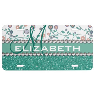 Aqua Turqoise Monogram Flower Glitter Pattern License Plate