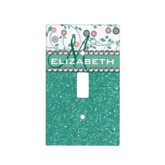 Aqua Turqoise Monogram Flower Glitter Pattern Light Switch Cover