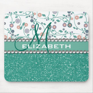 Aqua Turqoise Monogram Flower Glitter Pattern Mouse Pad
