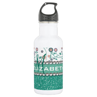 Aqua Turqoise Monogram Flower Glitter Pattern Stainless Steel Water Bottle
