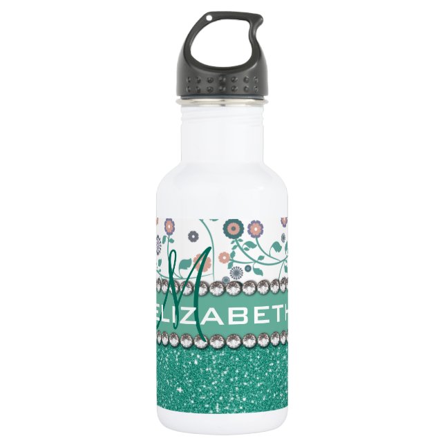 Aqua Turqoise Monogram Flower Glitter Pattern Stainless Steel Water Bottle (Front)